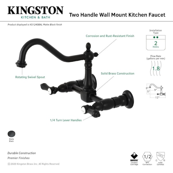 KS1240BAL Heirloom Wall Mount Bridge Kitchen Faucet, Matte Black
